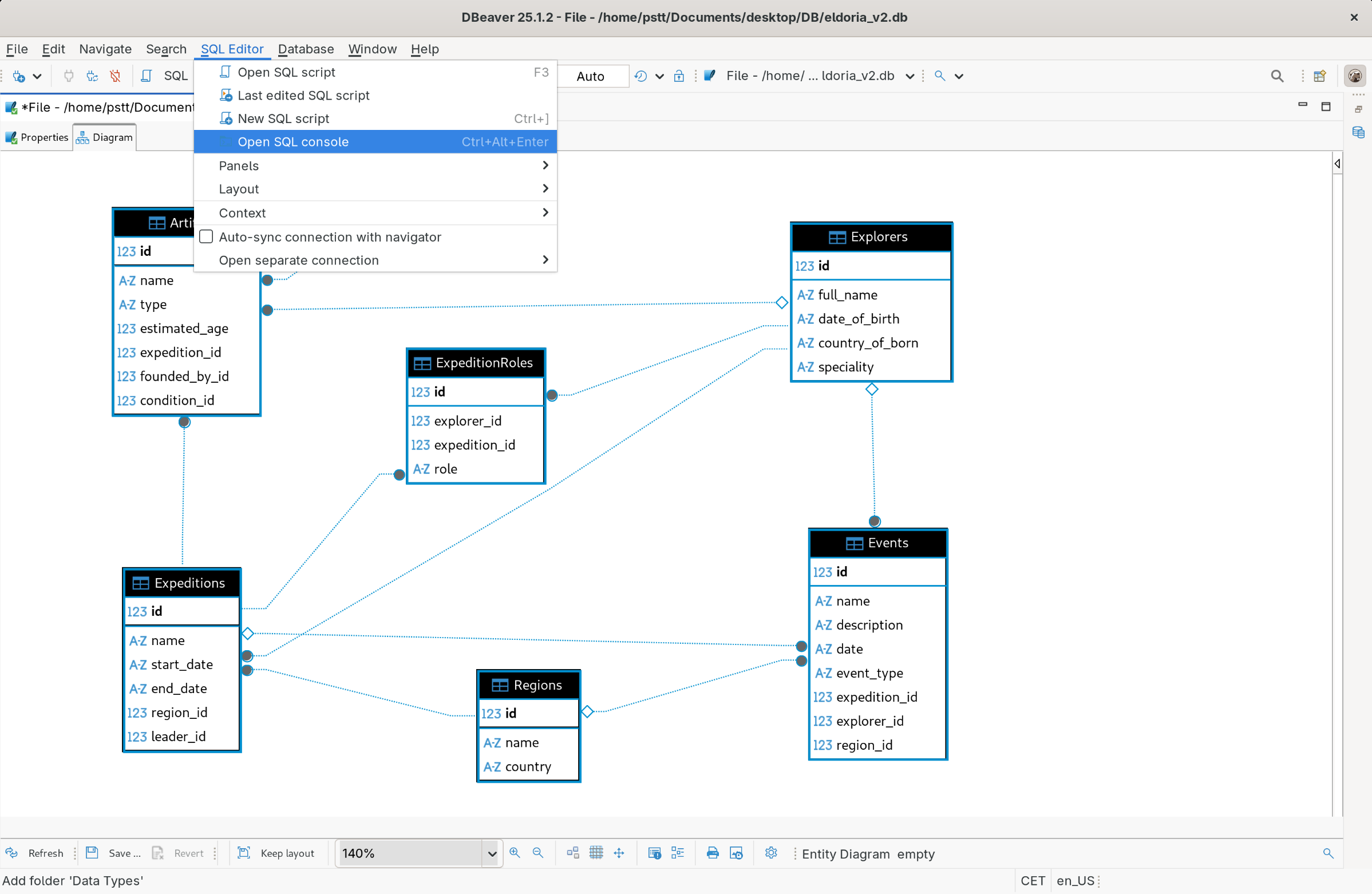 Opening of the SQL console